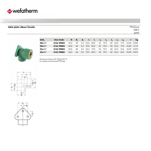 Wefatherm Back Plate Elbow Female PP-R/Brass – SDR 6 (Green)