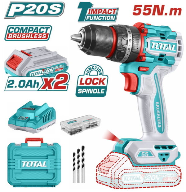 Total TIDLI20558 20V Compact Brushless Cordless Impact Drill – 55Nm