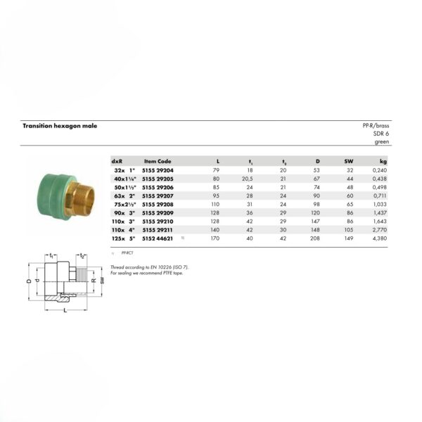 Wefatherm Transition Hexagon Male PP-R / Brass – SDR 6 (Green)