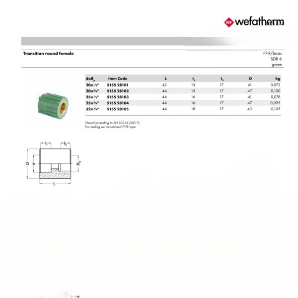 Wefatherm Transition Round Female Adapter PP-R / Brass – SDR 6 (Green)
