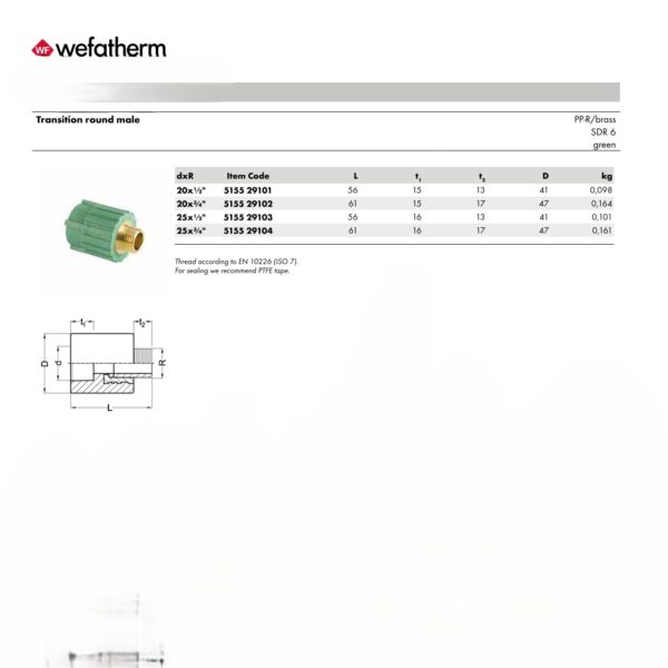 Wefatherm Transition Round Male PP-R / Brass – SDR 6 (Green)