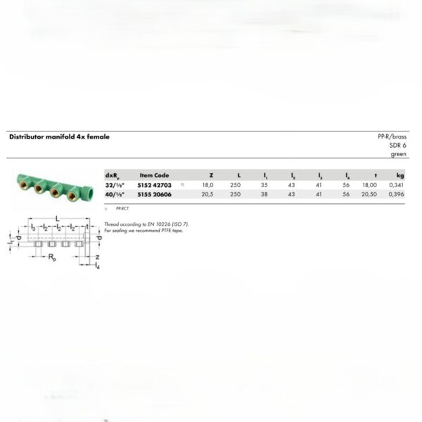 Wefatherm Distributor Manifold 4x Female PP-R/Brass SDR 6 – Green