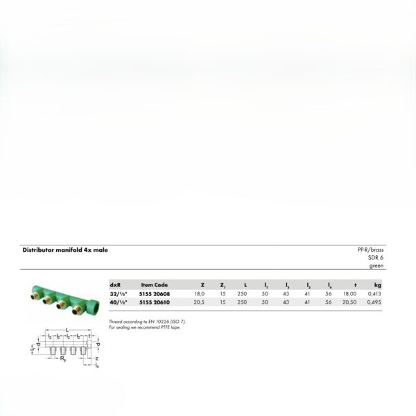 Wefatherm Distributor Manifold 4x Male PP-R/Brass SDR 6 – Green