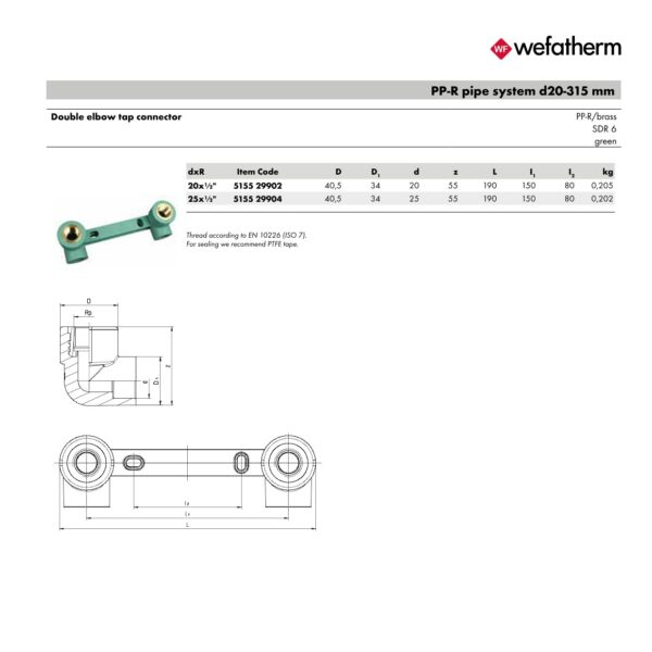 Wefatherm Double Elbow Tap Connector PP-R/Brass SDR 6 – Green