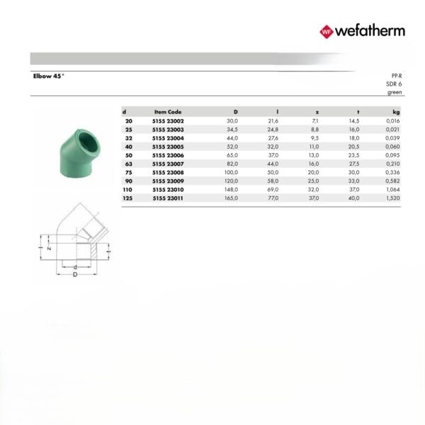 Wefatherm Elbow 45° PP-R SDR 6 – Green