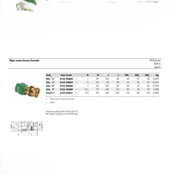 Wefatherm Pipe Union Brass Female PP-R/Brass SDR 6 – Green
