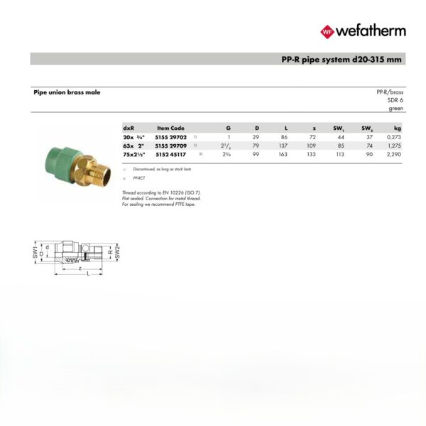 Wefatherm Pipe Union Brass Male PP-R/Brass SDR 6 – Green