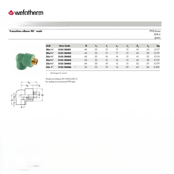 Wefatherm Transition Elbow 90° Male PP-R.Brass SDR 6 – Green 1 Wefatherm Transition Elbow 90° Male PP-R/Brass SDR 6 – Green