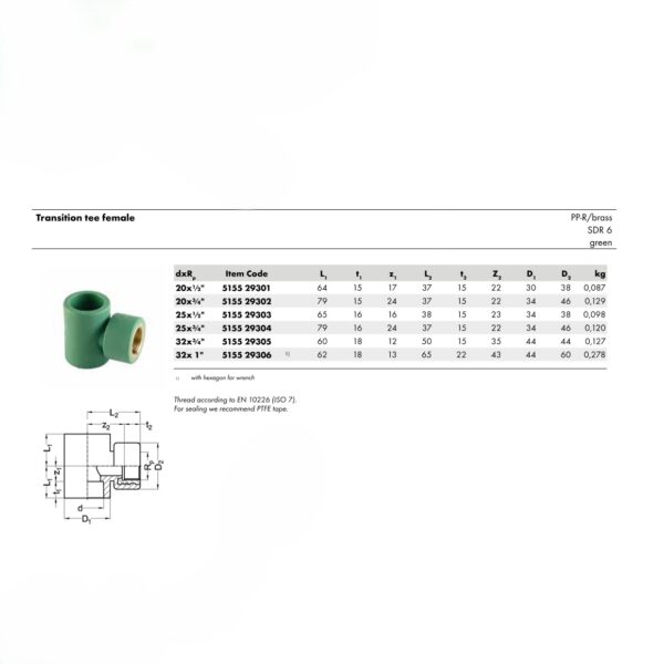 Wefatherm Transition Tee Female PP-R/Brass SDR 6 – Green