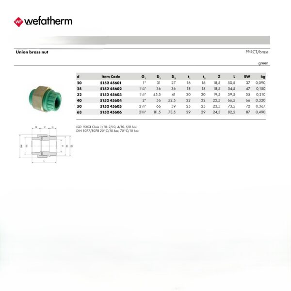 Wefatherm Union Brass Nut PP-RCT/Brass – Green